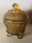 VTG Amber Jeanette Glass Footed Candy Bowl w/ Lid Grapes Leaf Leaves