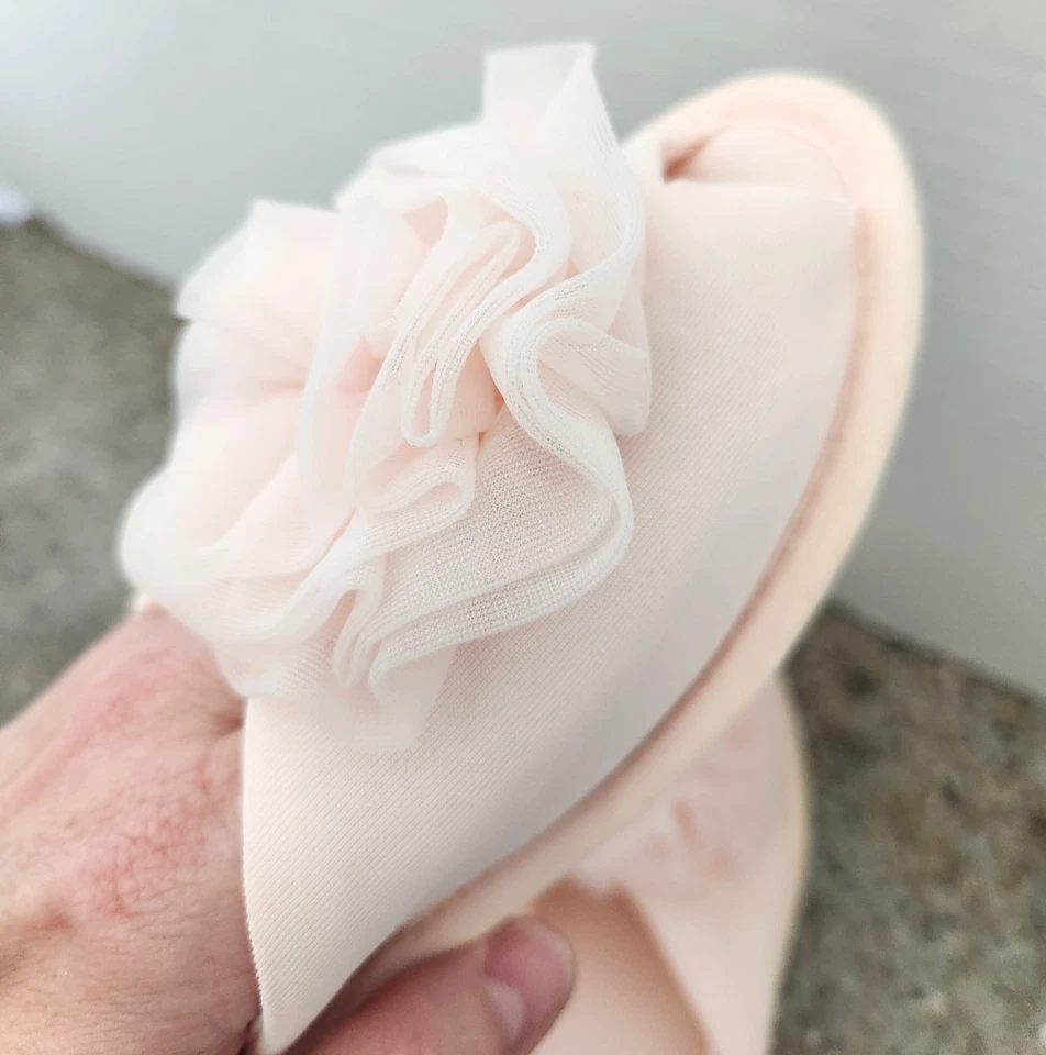 Vintage Glamor Skuffs Slippers Medium 6.5-7.5 Light Pink Peep Toe Nylon Boudoir - Image 3 of 4