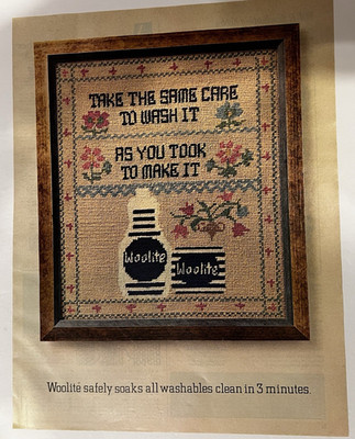 Vtg 1970s Ad Woolite-Needlepoint-Take the Same Care to Wash It as You Took to