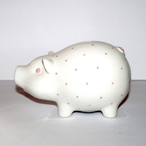 Hucha Tiffany & Co porcelana blanca puntos rosas cerdo Italia TIENE UNA GRIETA - Imagen 2 de 12