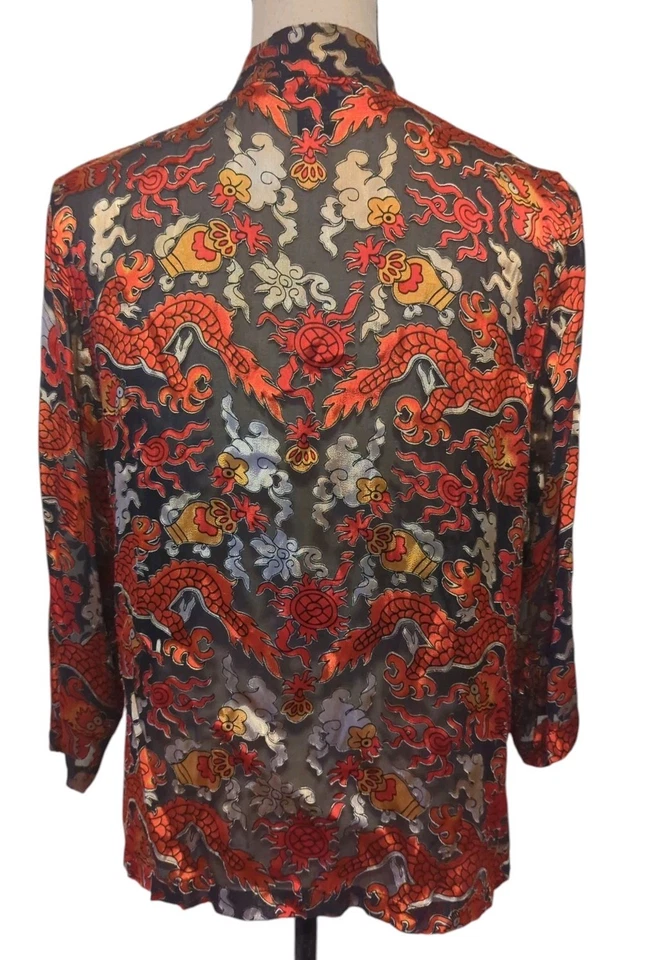 CITRON Santa Monica Dragon Foo Dog Print Silk Satin Button Up Top Small - Image 2 of 3