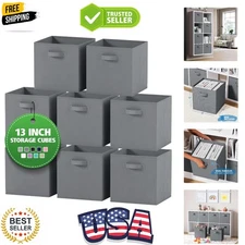 Versatile Collapsible 13" Storage Bins - 8 Pack Grey Fabric Cube Baskets
