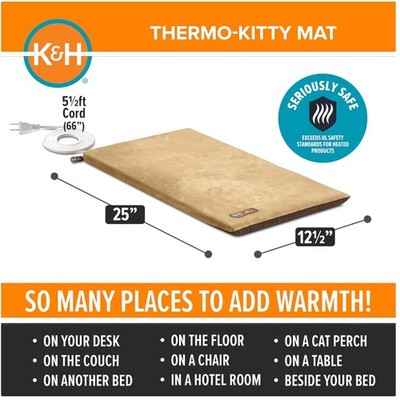 Heated Cat Bed Pad - Thermo-Kitty Mat 12.5 X 25in
