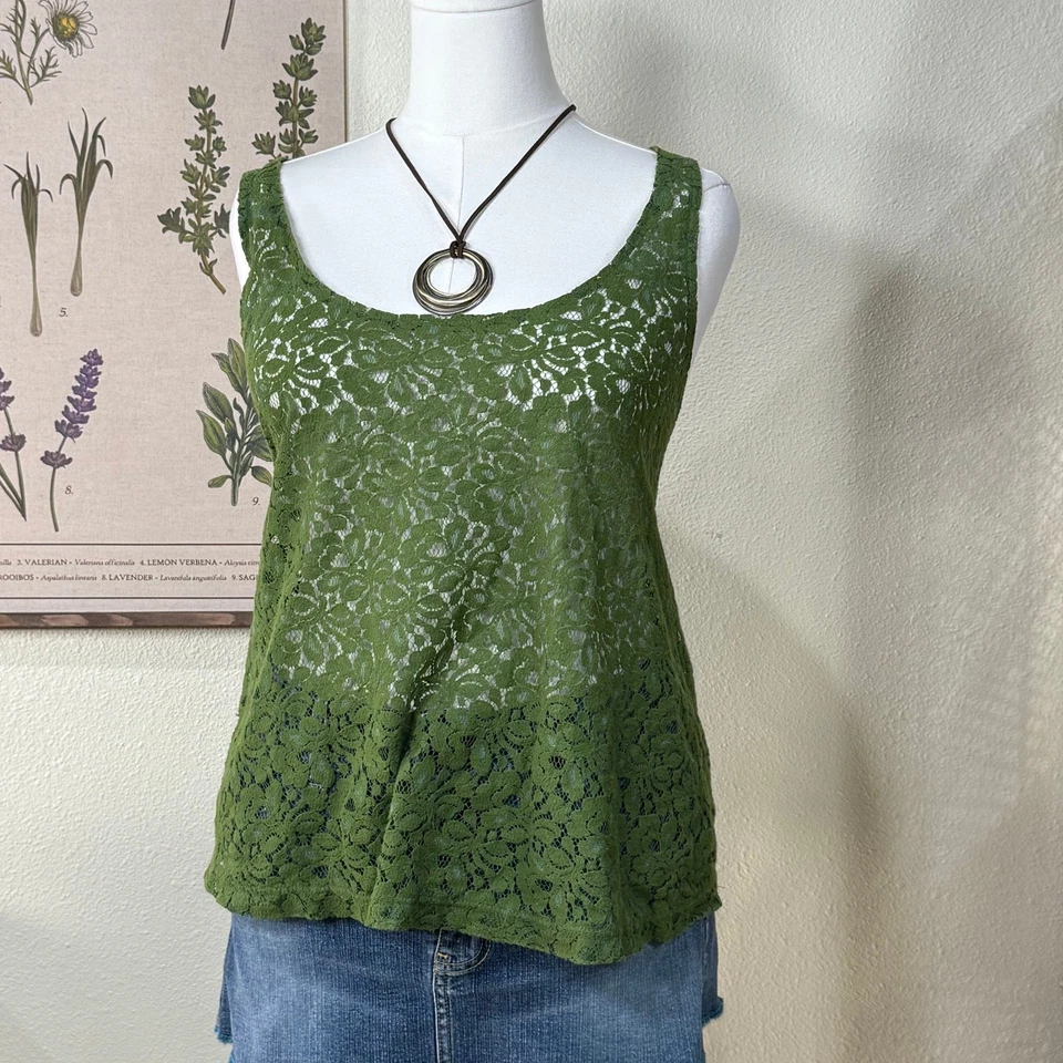 Y2k Green Sheer Shimmer Floral Lace Tank Top Forest Fairy Grunge Mori Kei 1X - Image 2 of 4