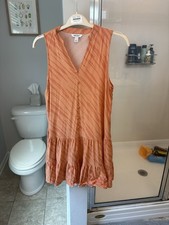 Nine West Orange Striped Woven Rayon V-Neck Sleeveless Button Ruffle Mini L