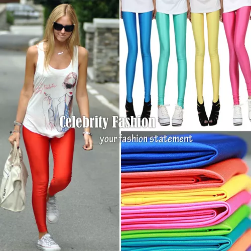 ac13 Celeb Style 80s Shiny Neon Metallic Coloured Gym Workout Fitness  Leggings