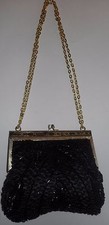Vintage Black Purse Satin Embroidered Beads Pearls Gold Chain Evening Cocktail