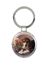 Gift Keychain : Beagle Pet Animal Puppy Cute Funny Dog Flowers Roses