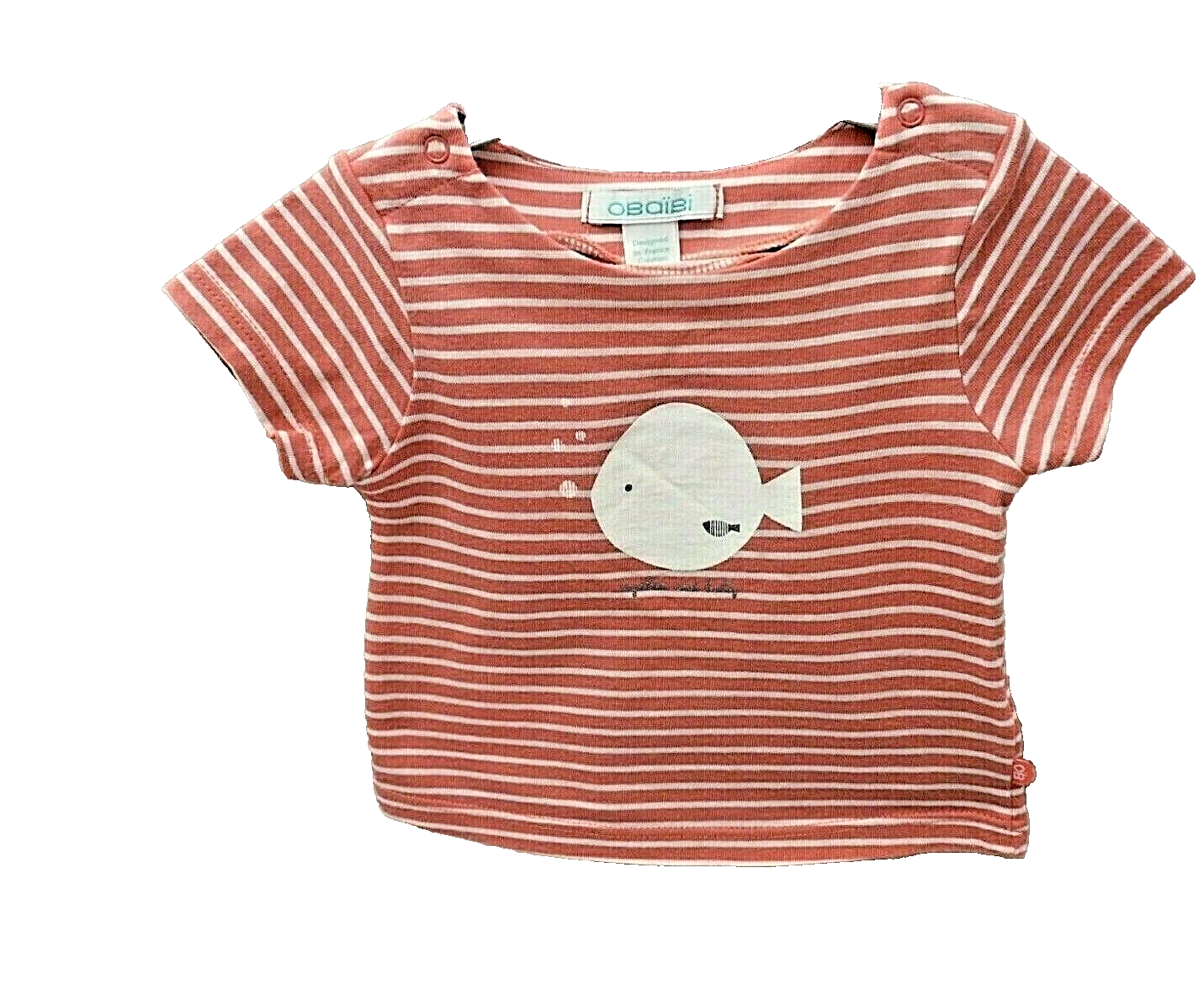 Obaibi Tee-shirt mche courte blanc rayé rouge motif imprimé poisson bébé 3 mois