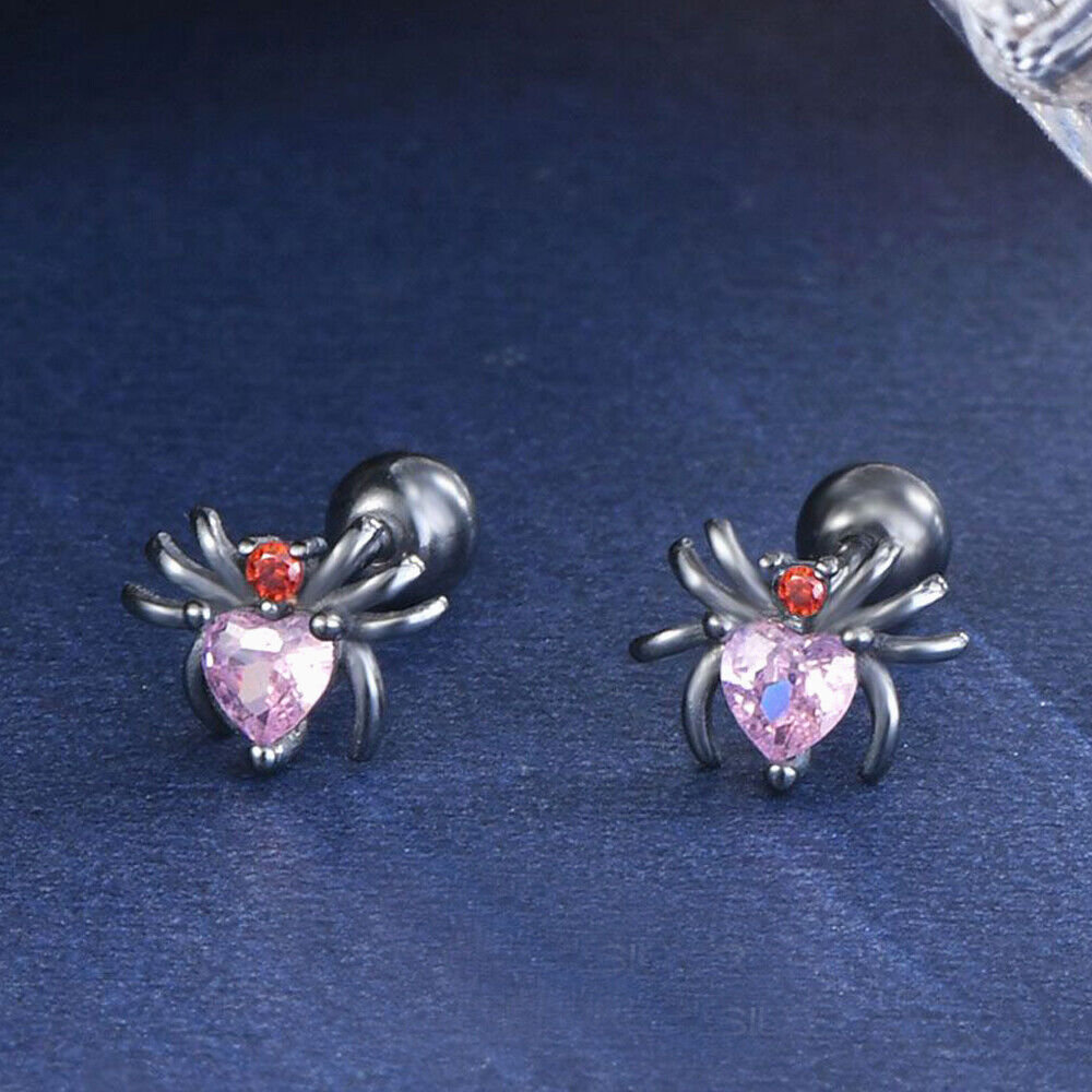 Sterling Silver Cute Spider Heart Pink CZ Screw Back Stud Earrings