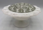 VTG Large White Milk Glass Lace Edge Pedestal Compote Vase w/ Clear Flower Frog