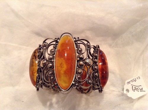 Antique Vintage Russian Sterling Silver 875 Bracelet Bangle Natural Baltic Amber