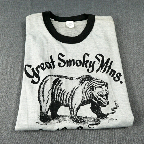 Vintage Ringer T Shirt 80s Large Medium Smoky Mountains Gatlinburg Bear Snake - Picture 14 of 15