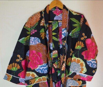 Indian Floral Printed 100% Cotton Robe Long Kimono Sleepwear Night Kimono Dress