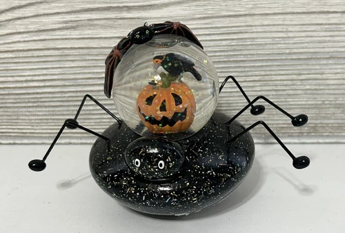 Vintage Halloween Skull Black Spider Bats Snow Globe Pumpkin Horror Spooky