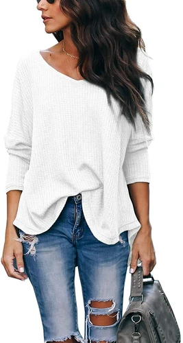 iGENJUN Women's Casual V-Neck Off-Shoulder Batwing Sleeve Pullover Sweater Tops - Picture 2 of 94