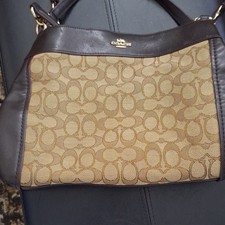 Coach Brown Beige Logo Shoulder Bag Gold Hardware Magnetic Closure Inner Pockets