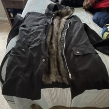 Faux Fur Hooded Black Parka Coat with Pockets, Mid-Length, Women's