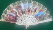 Vintage Spanish Motiff Folding Hand Fan Plastic Painted Fabric Lace - Excellent