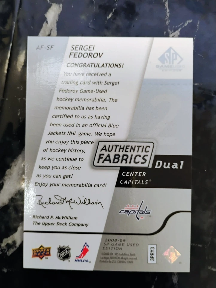 Sergei Fedorov 2008-09 SPGU Authentic Fabrics Jersey SP 2 COLOR  #AF-SF CAPITALS - Image 2 of 2