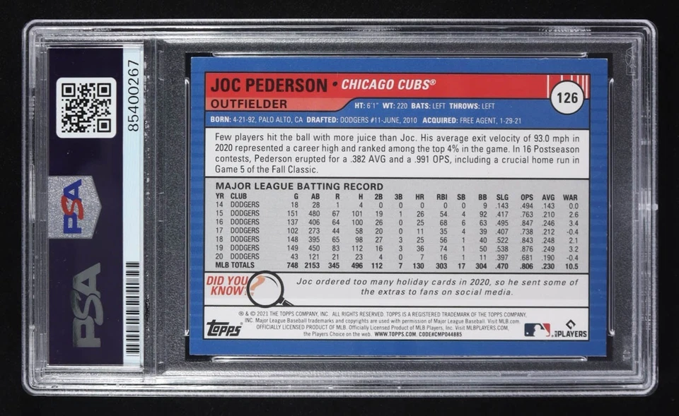 Tarjeta coleccionable Topps 2021 firmada por Joc Pederson automática #126 (PSA auténtica) Foto 2 de 2