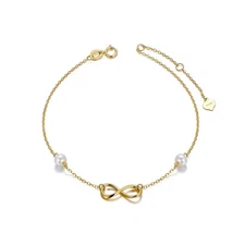 14k Gold Infinity Bracelet for Women, Real Pearl Love Knot Bracelet, 6.9"+0.7...