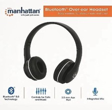 MANHATTAN Bluetooth On-Ear Headphones - Black 3.5mm Aux Controls for Calls & Mus