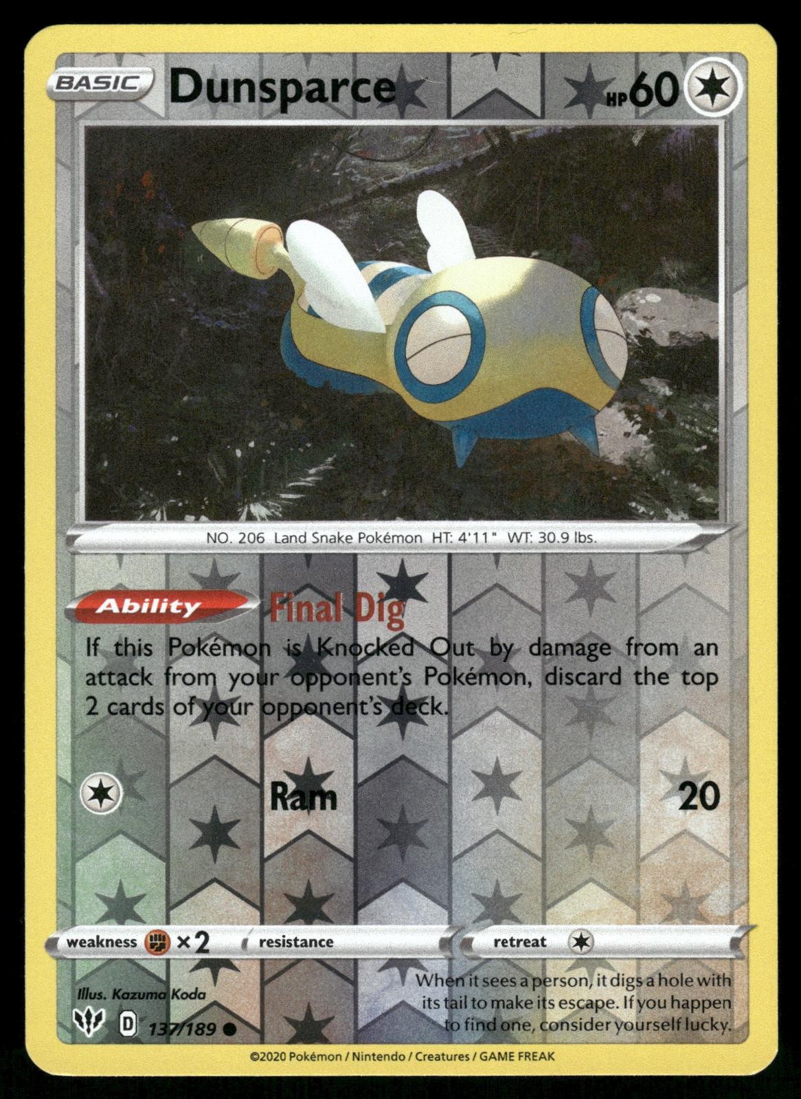Dunsparce 137/189 Reverse Holo Common Darkness Ablaze Pokemon NM