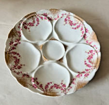 Vintage Limoges France Oyster Plate Pink Floral Gold 5 Well Porcelain Dish, 8