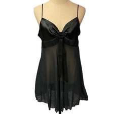 Victoria's Secret Vintage Chemise Sheer Mini Satin Lingerie Slip Dress M Black