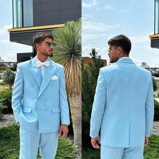 Men's Solid Suits Double Breasted Jacket Pant 2 Pieces for Wedding Business Wear
