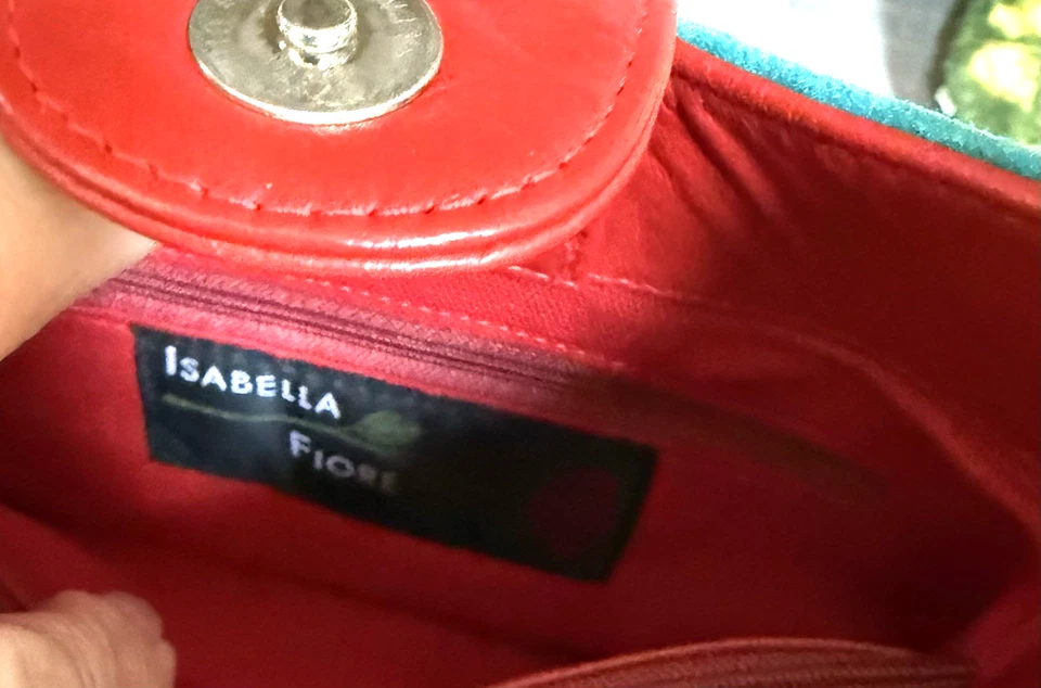 NUEVO SIN ETIQUETAS ISABELLE FIORE Turquesa y Rojo Bolso Floral con Cuentas Foto 3 de 3