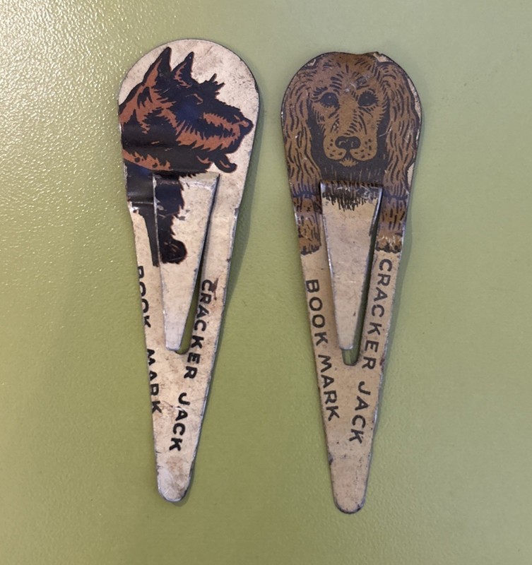 Scottie & Spaniel Cracker Jack Metal Bookmarks 1930s Lot of 2 Vintage Dogs