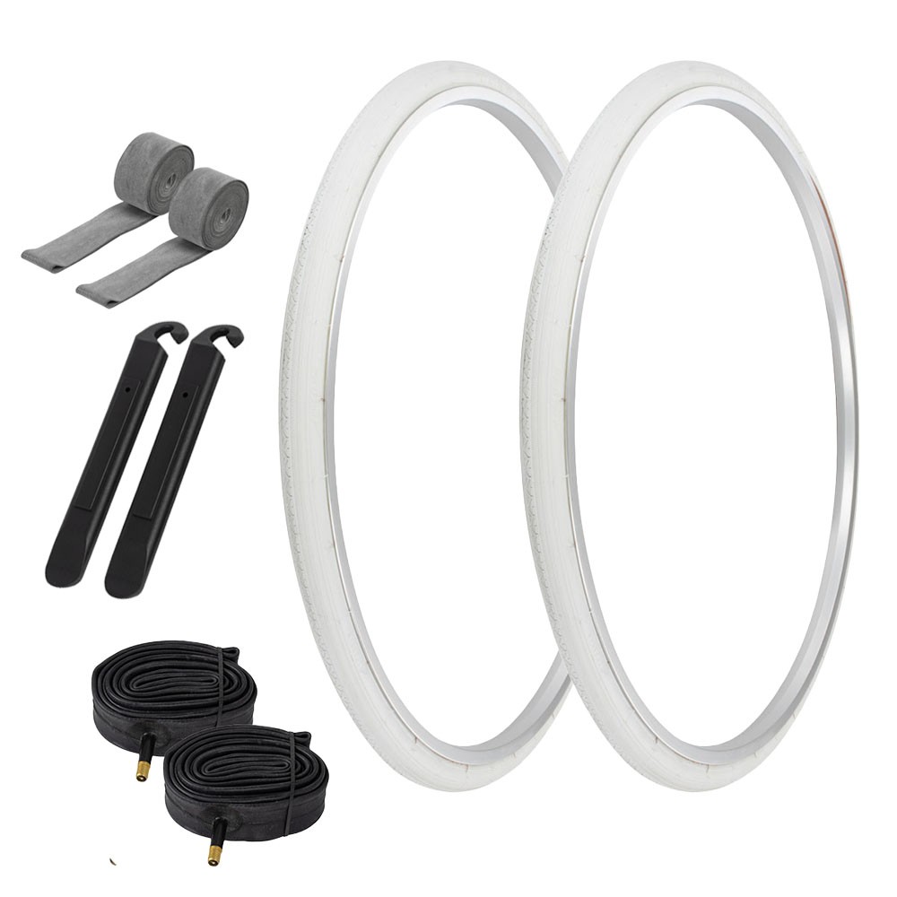 PRO+ TIRES 27" x 1-1/4" White P-148 W/TUBES, LEVERS & STRIPS 33mm Schrader Valve
