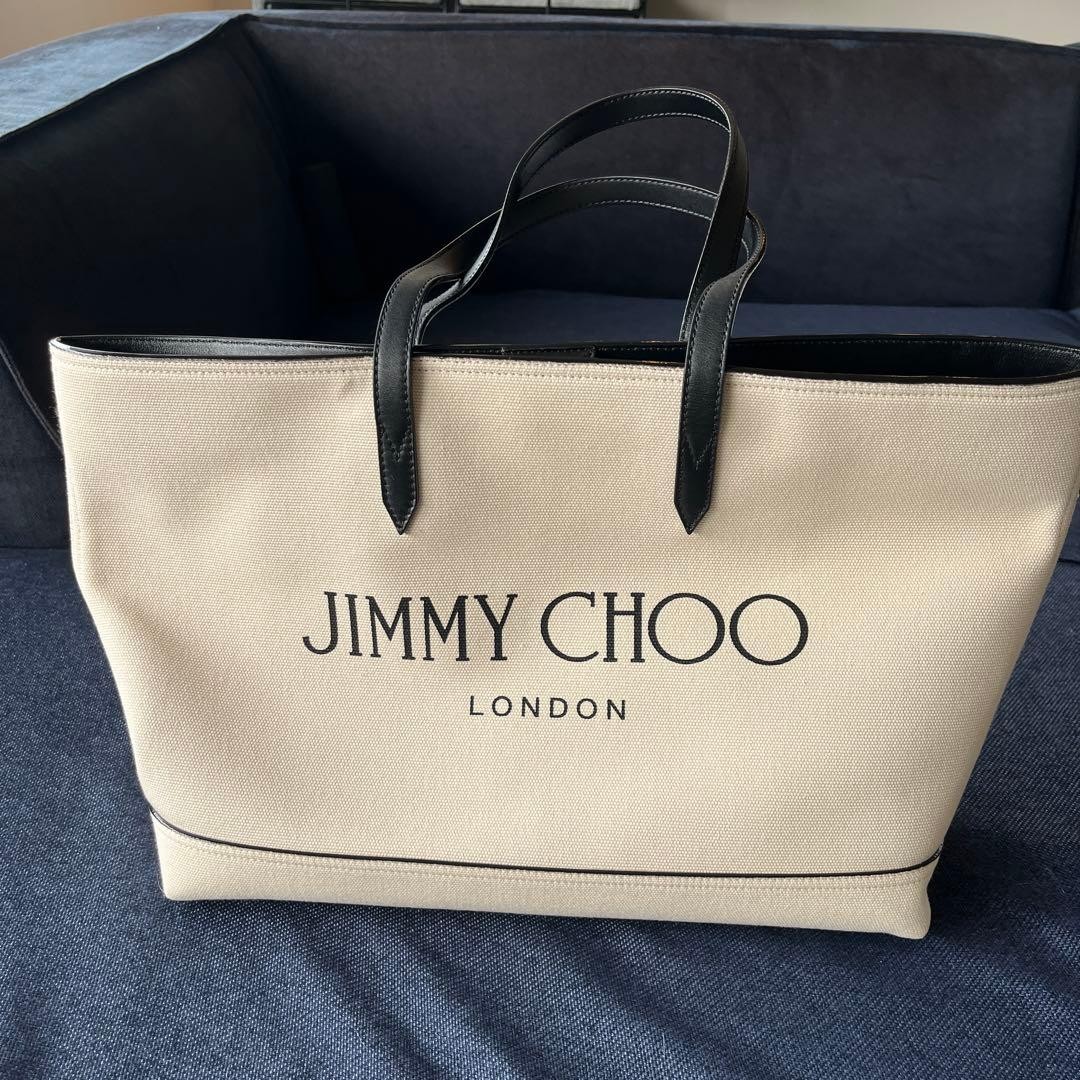 Jimmy Choo Beige Black Tote Bag Leather Canvas Women's Authentic Stylish