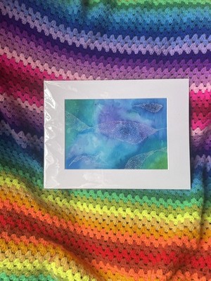 BLAU GRÜN TÜRKIS Original Abstrakt Aquarell Bunt A4 Weiß Montierung
