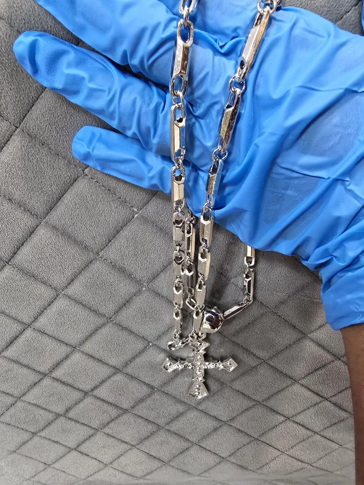 Novo sem etiquetas! Conjunto de corrente de 30 polegadas, pulseira de 7-7,5, cruz gelada prata sobre cobre com Vvs Cz. - Imagem 4 de 4