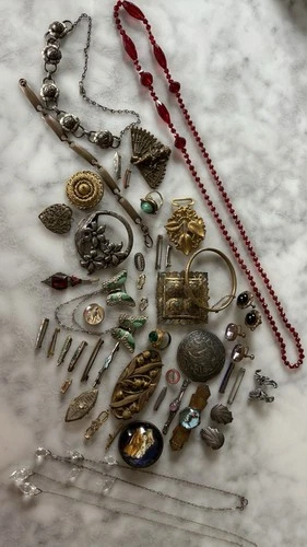 Vtg Art Deco Glass Crystal Brass Brooch Buckle Pin Ring Wear Repair Jewelry Lot