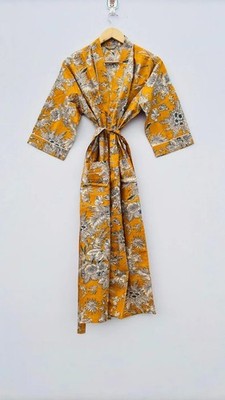 Indian Yellow Floral Long Cotton Beach Kimono Robes Night Kimono Bath Robes US