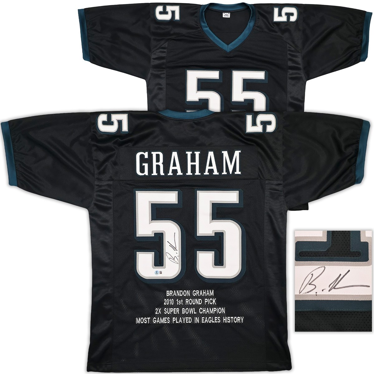 EAGLES BRANDON GRAHAM AUTOGRAPHED BLACK SUPER BOWL STATS JERSEY BECKETT  239891