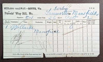 1872 Midland Railway Tamworth nach Mansfield über Derby Route Parcels' Way Bill