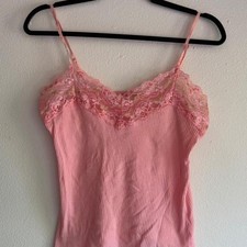 Vintage Y2K Pink ribbed lace cami top with floral embroidery