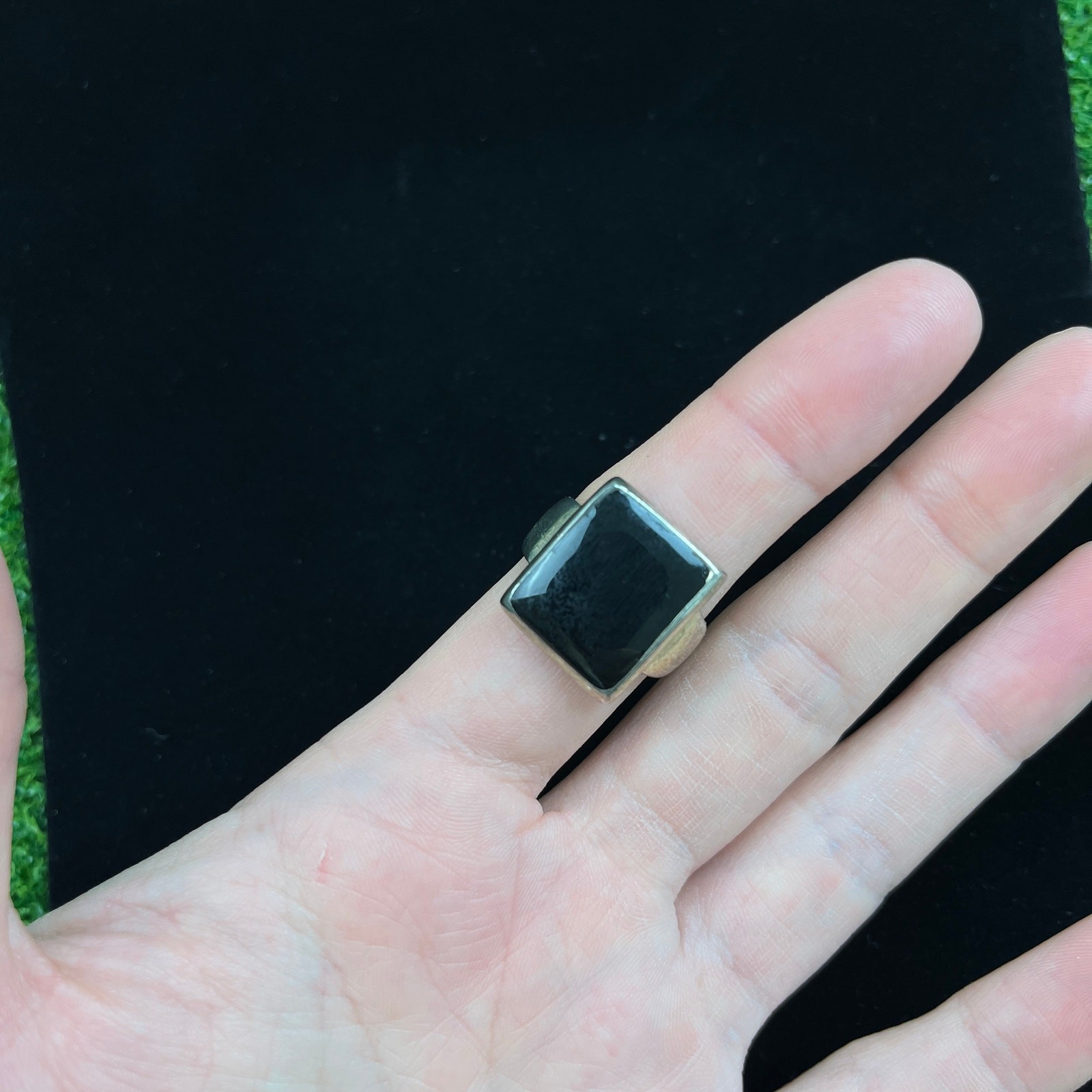 Large Black Onyx Style Statement Ring Silver Tone… - image 4