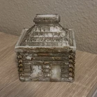 Westmoreland Specialty Co. Milk Glass Log Cabin Prepared Mustard Jar Coin Bank