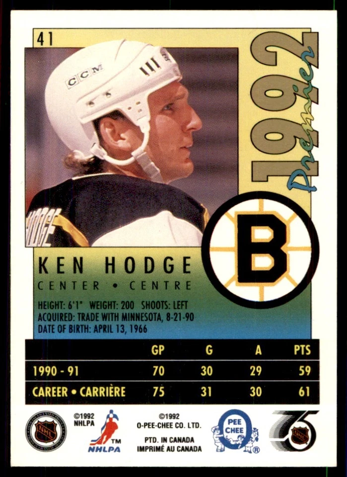 1991-92 O-Pee-Chee Premier Ken Hodge Boston Bruins #41 - Image 2 of 2