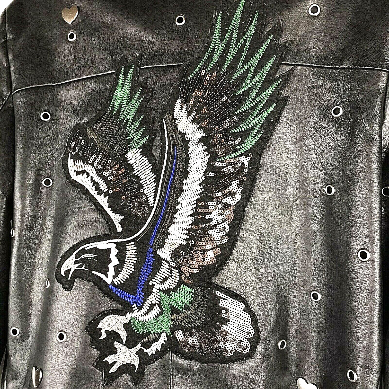 Women's Motorcycle Jacket Sz 6 Black Embroidered Eagle Metal Hearts Faux Leather thumbnail 3