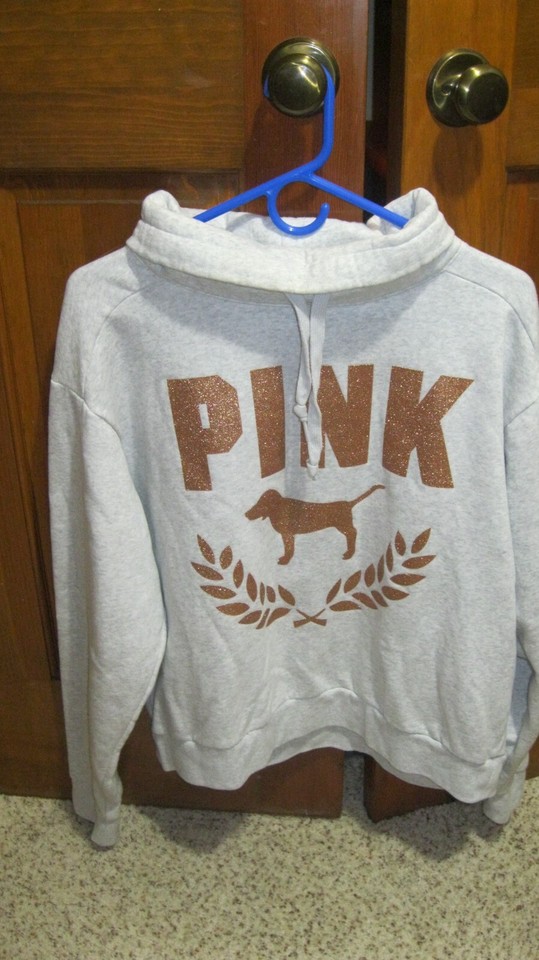 VICTORIA'S SECRET PINK SWEATSHIRT GRAY WITH PINK DOG LOGO COWL NECK