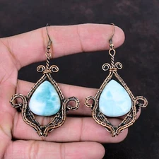 Larimar Jewelry Copper Gift For Friend Wire Wrapped Drop/Dangle Earrings 3.15"