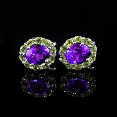 Natural Amethyst & Peridot Gemstones 925 sterling silver Cufflinks for Men's #42