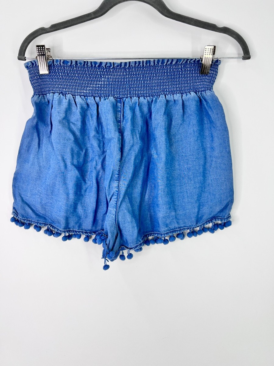 TGLA Tencel Pull On Shorts Elastic Waist Pom Pom Lace Blue Womens